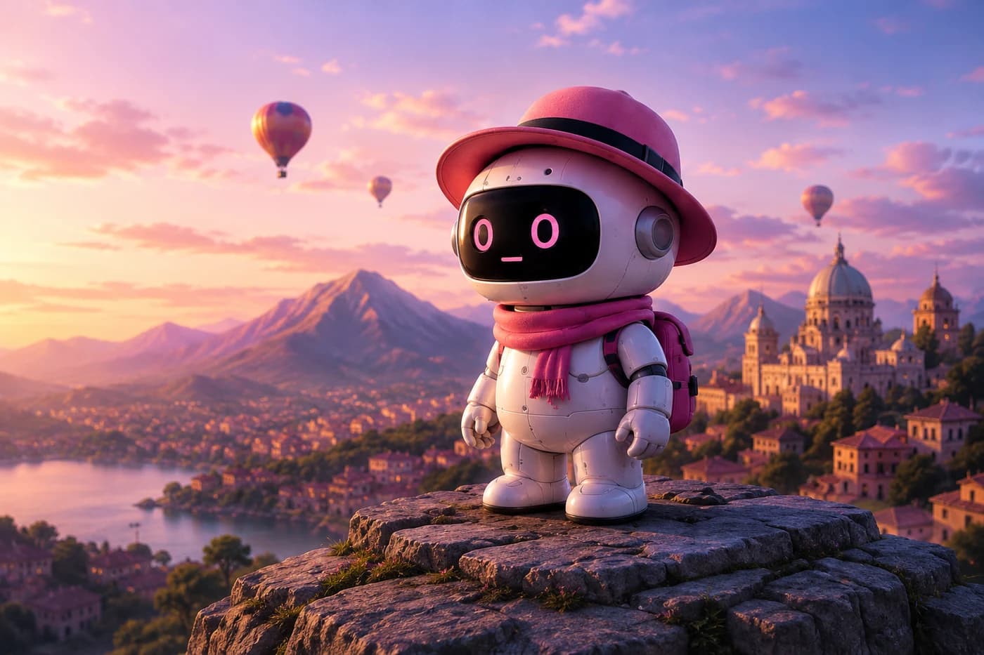 The Movodream mascot looking out over a valley at sunset