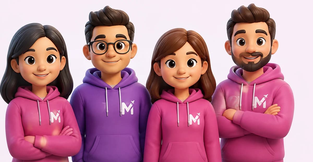 Four Movodream team members in branded hoodies